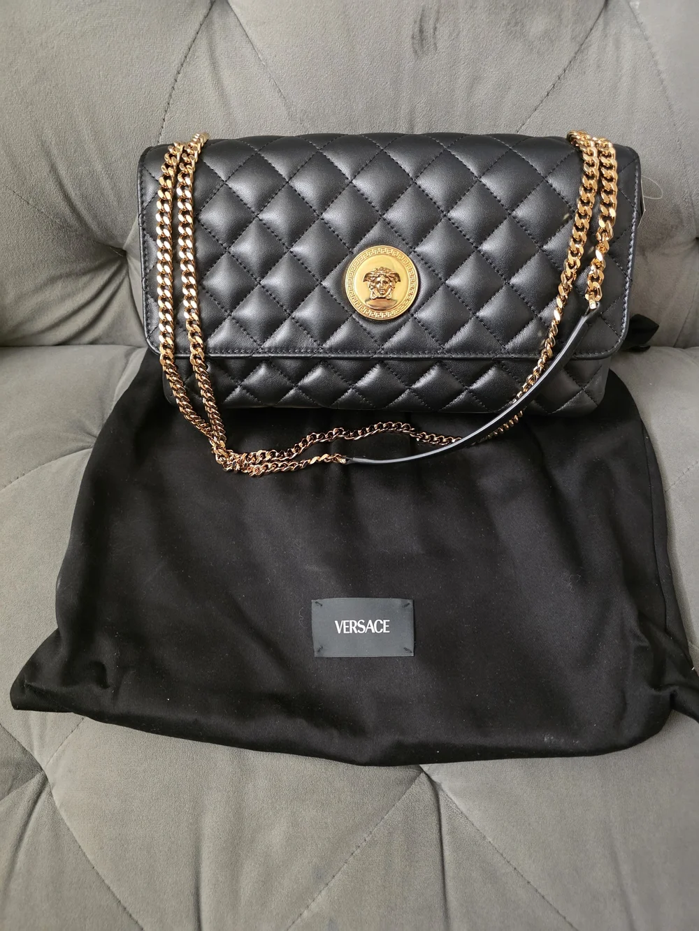 Versace Black Quilted Shoulder Bag with Gold Chain